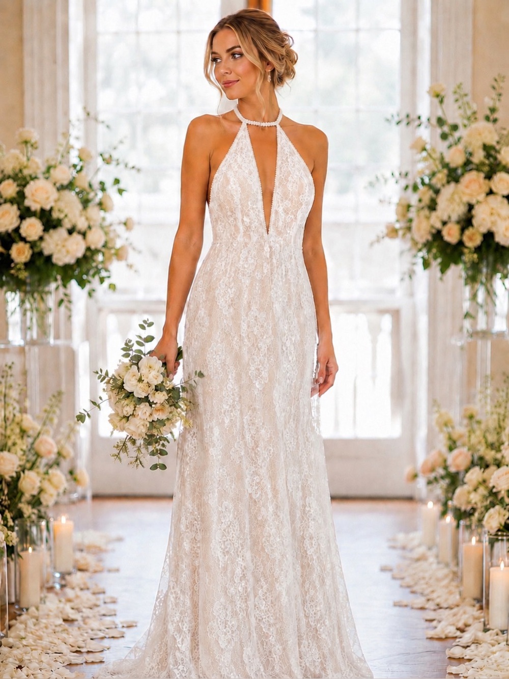 Jovani - One Of A Kind Sample (RARE) - Lace Halter Plunge Wedding/Formal Gown